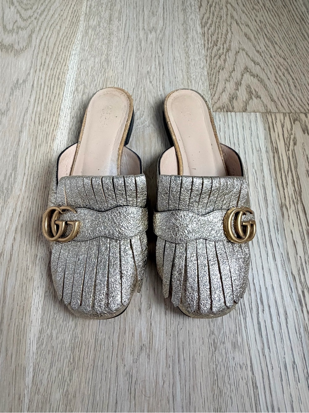 Gucci Gold Metallic Fringe Mule with GG Monogram
